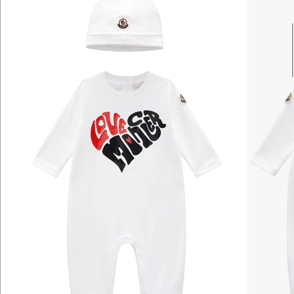 Moncler, New, Love Graphic Cotton Footie & Beanie Set 18 to 24 months.